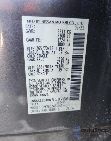 2021 Nissan Titan Sv из США, поврежденный, VIN 1N6AA1ED4MN518766